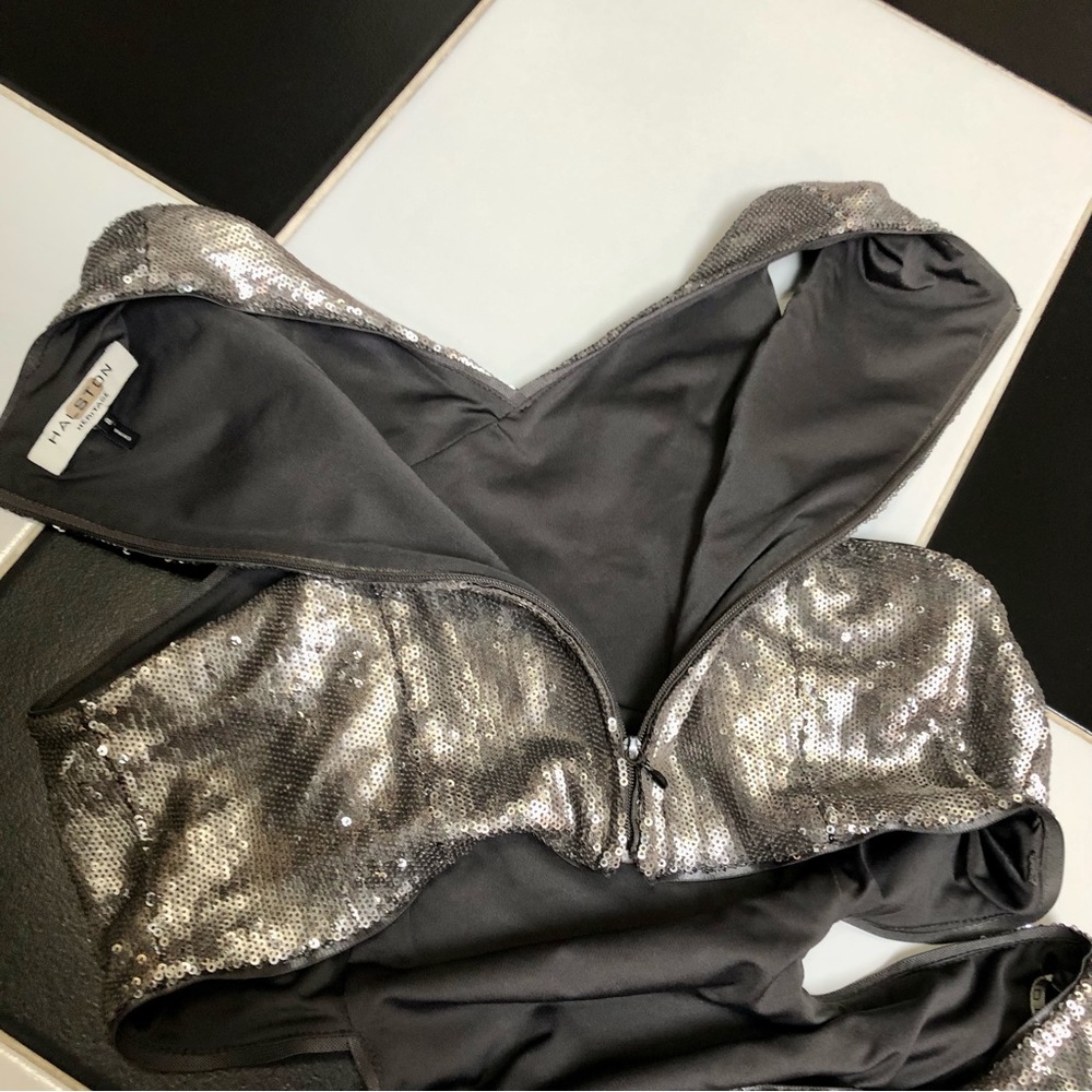 Halston Heritage Sequin Cut Outs Mini Dress Antique Silver Sequins Bodycon sz 8 - Picture 12 of 16